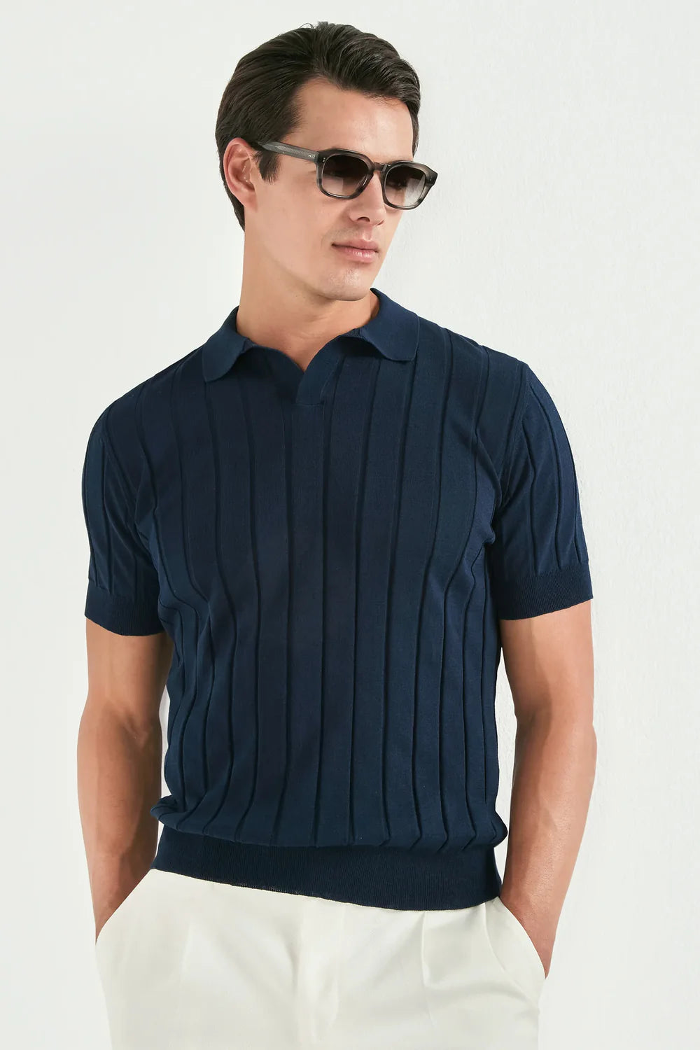 Polo azul acanalado - Hecho en Italia