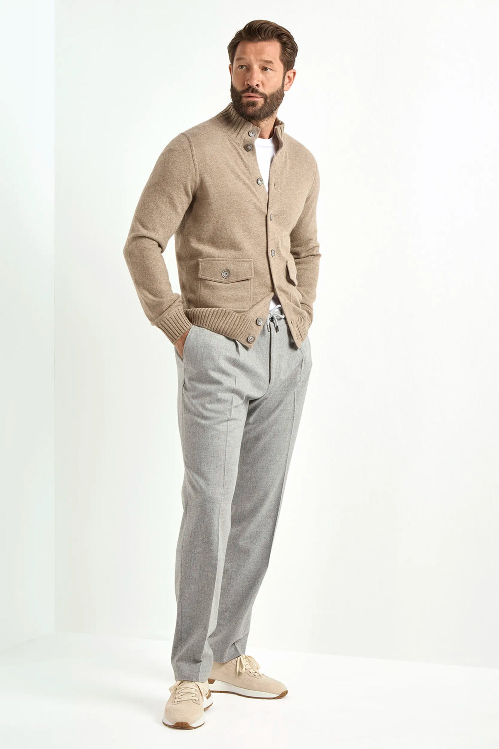 Taupefarbener Kaschmir-Strickbomber – Made in Italy